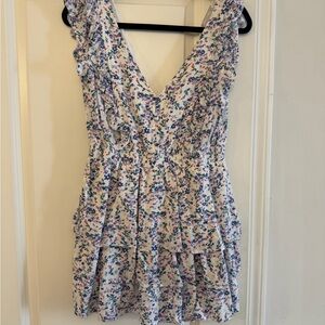 Vestique Floral Ruffle Mini Dress - White and Blue